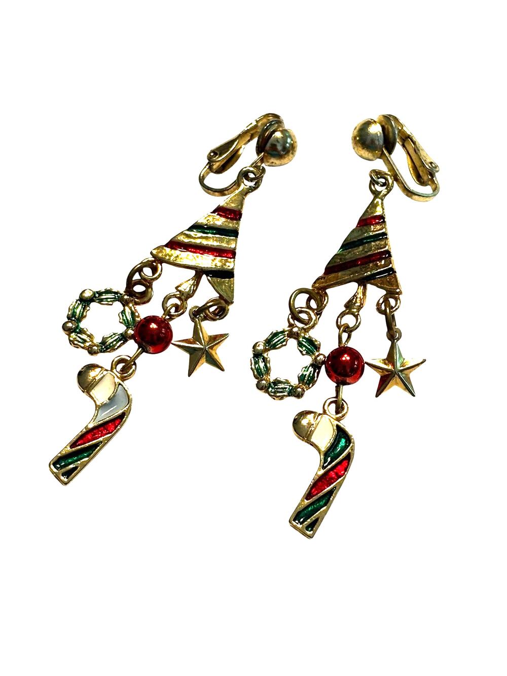 Christmas holiday theme clip on earrings drop & dangle gold multicolor novelty